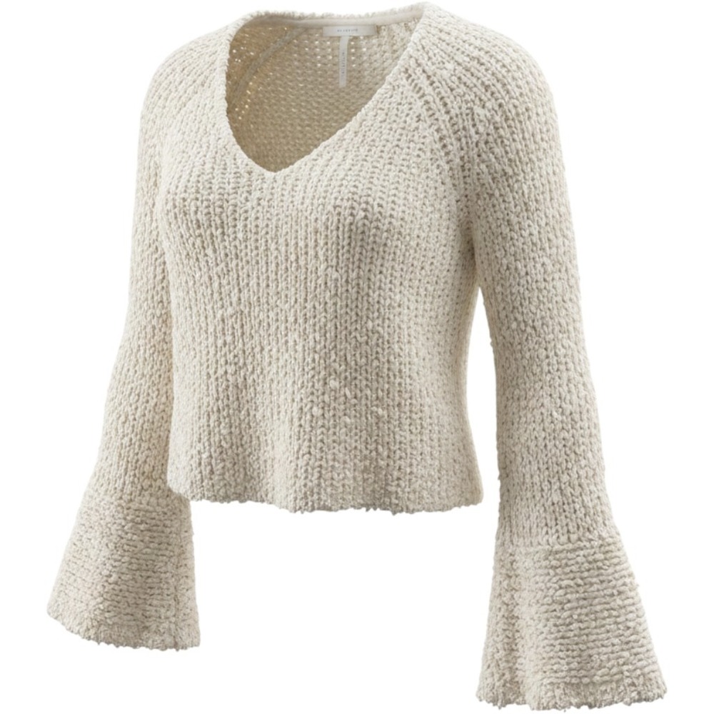 Free People‎ Ivory Chunky Knit V-Neck Bell Sleeve Sweater Small Pullover Boho
